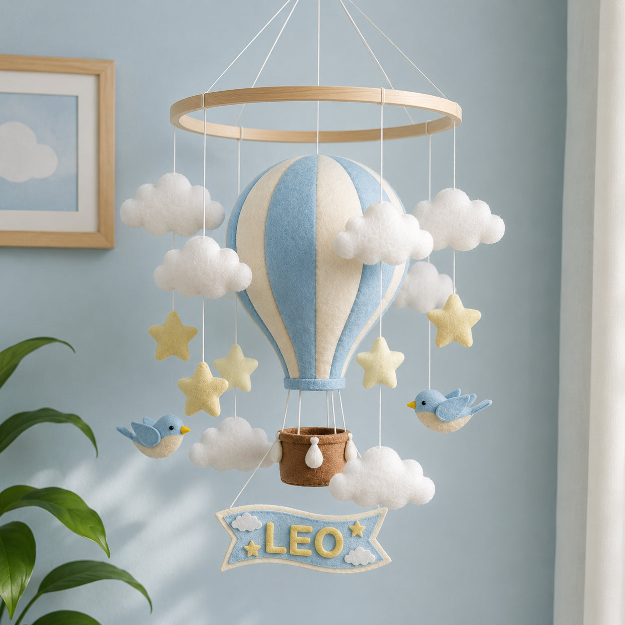 Personalized blue Hot Air Balloon Felt Baby Mobile, Handmade Nursery Crib Mobile, Pastel Balloon and Cloud Baby Room Decor BBMB10