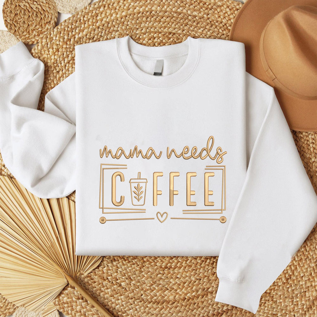 Mama Needs Coffee Sweatshirt – Funny Mom Tee with Iced Coffee Embroidery, Mom Coffee Sweatshirt, Cozy Gift for Coffee Lovers