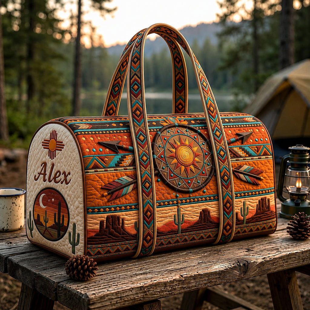 Personalized Southwestern Quilted Duffle Bag, Boho Desert Travel Bag with Name, Western Weekender Bag, Adventure Gift DFB32