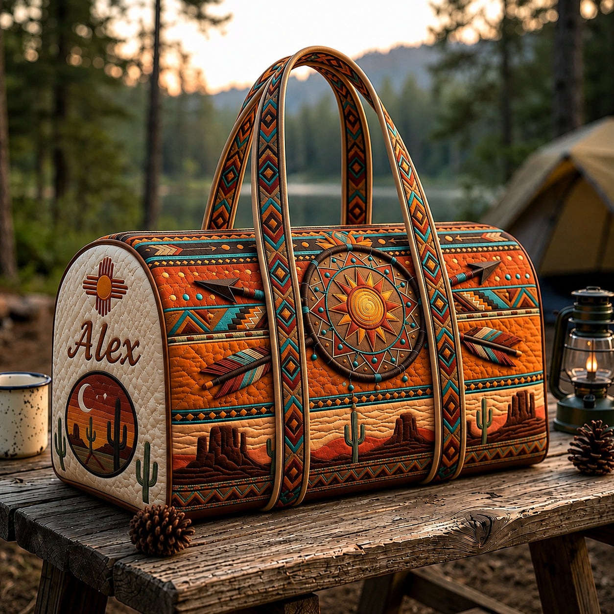 Personalized Southwestern Quilted Duffle Bag, Boho Desert Travel Bag with Name, Western Weekender Bag, Adventure Gift DFB32
