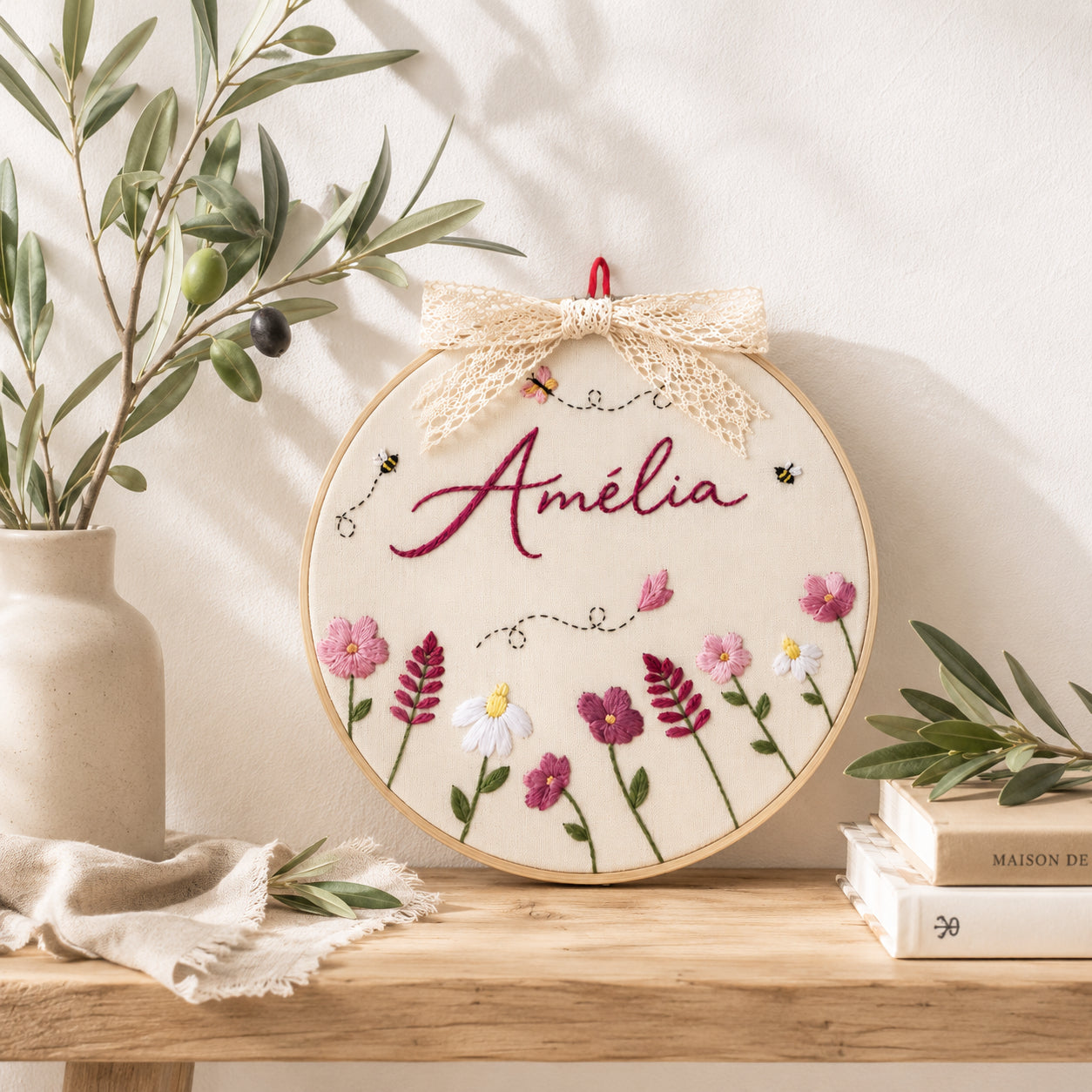 Personalized Hand-Embroidered Flower Baby Announcement Sign, Custom Baby Name Sign, Handmade Nursery Keepsake Gift for Newborn EM07