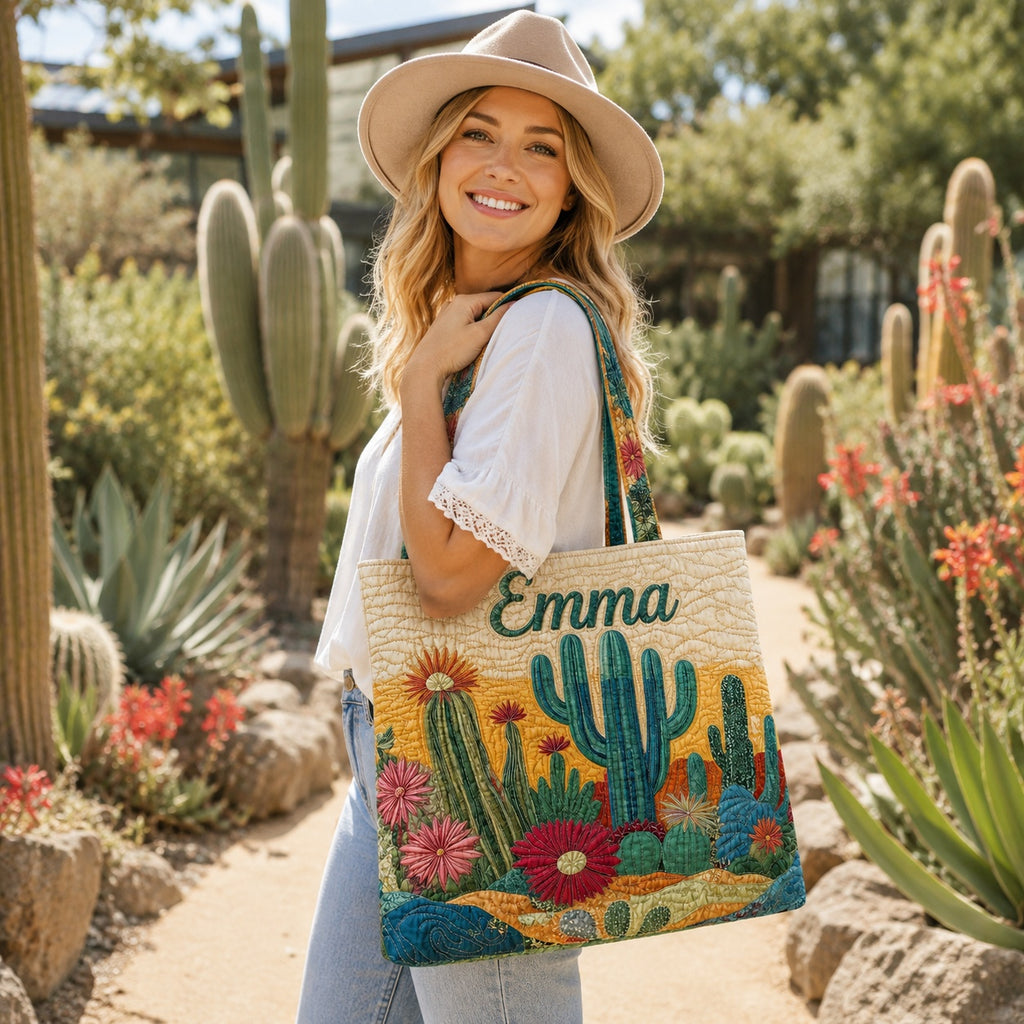 Custom Desert Cactus Quilted Tote Bag, Southwest Floral Tote Bag, Quilted Shoulder Bag, Quilted Book Bag, Fabric Bag QTOTE61