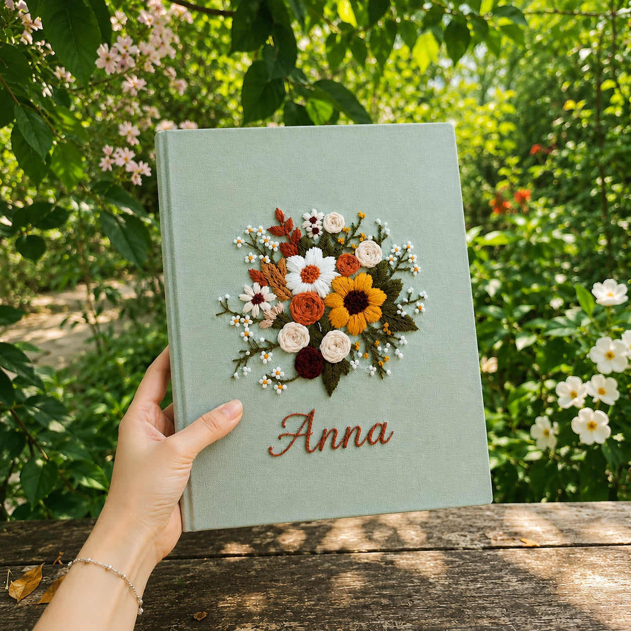 Hand Embroidered Flower Notebook, Custom Journal Notebook, Personalized Floral Notebook With Name, Linen Fabric Hard Cover Notebook, Special Custom Handmade Gift and Keepsakes ENB05