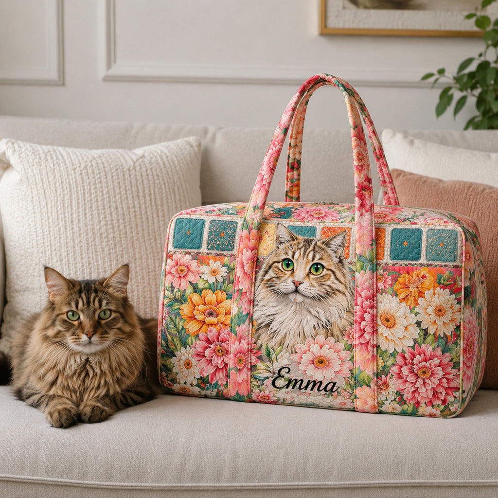 Cute Cat Floral Quilted Duffle Bag, Camper Van Weekender Bag, Travel Overnight Bag, Family Travel Bag Gift QTTVB09