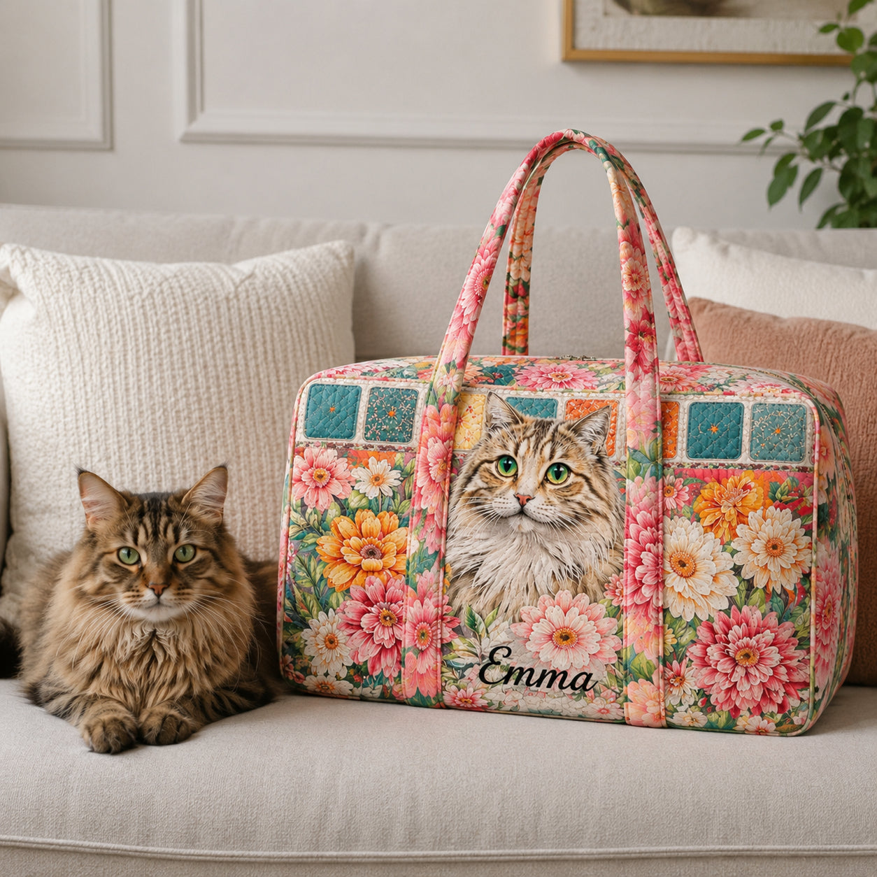 Cute Cat Floral Quilted Duffle Bag, Camper Van Weekender Bag, Travel Overnight Bag, Family Travel Bag Gift QTTVB09
