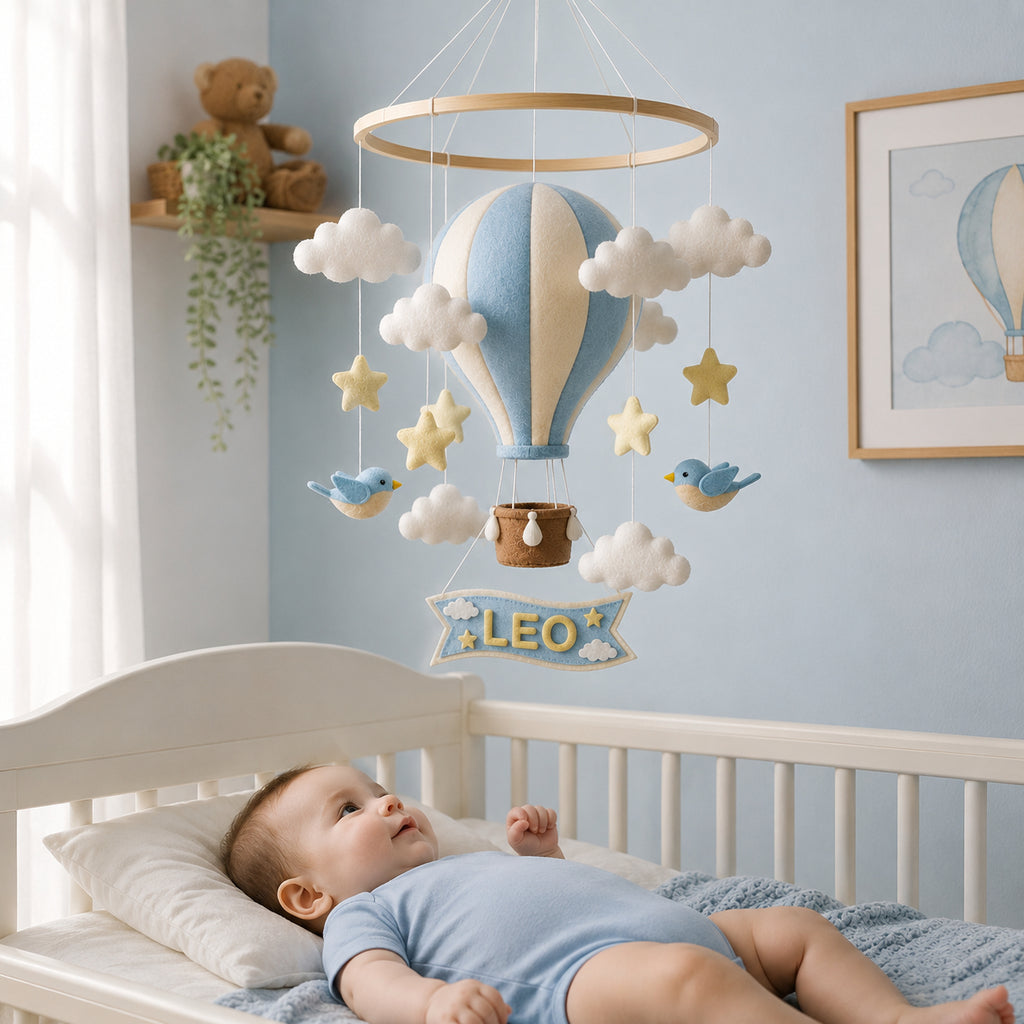 Personalized blue Hot Air Balloon Felt Baby Mobile, Handmade Nursery Crib Mobile, Pastel Balloon and Cloud Baby Room Decor BBMB10
