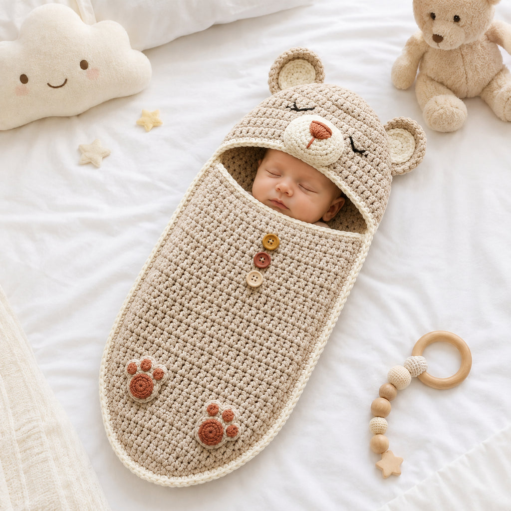 Personalized Baby Bear Swaddle, Cute Baby Cocoon, Custom Baby Romper Sleep Sack, Hooded Newborn Wrap, Handmade Crochet Knit Outfit, Custom Name Baptism Baby Shower Gift BABYSR10