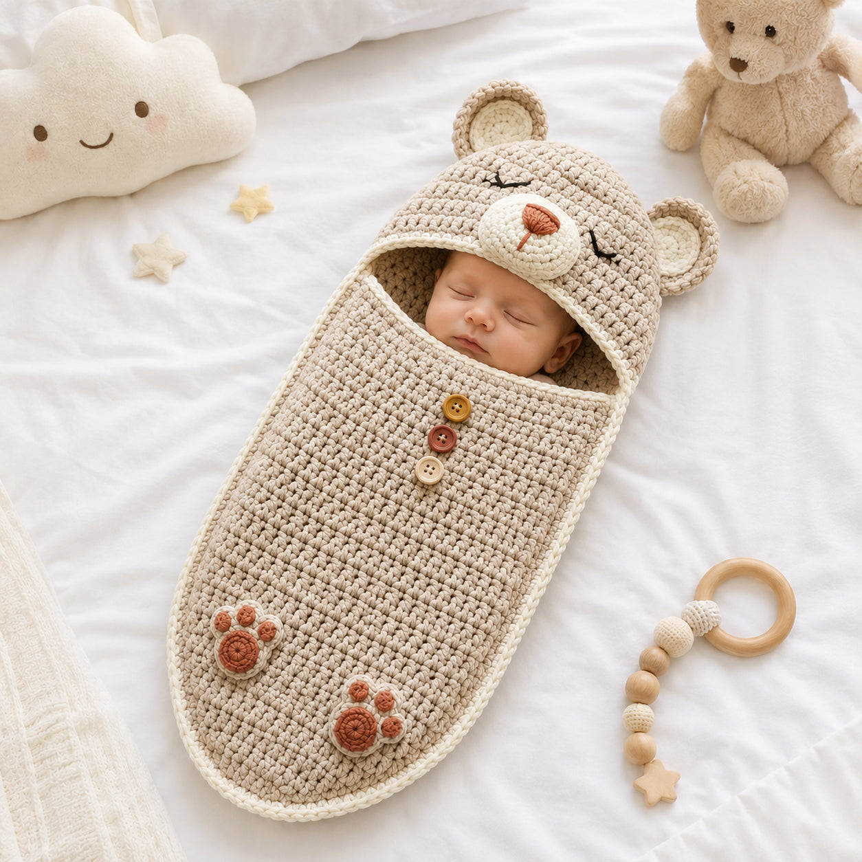 Personalized Baby Bear Swaddle, Cute Baby Cocoon, Custom Baby Romper Sleep Sack, Hooded Newborn Wrap, Handmade Crochet Knit Outfit, Custom Name Baptism Baby Shower Gift BABYSR10