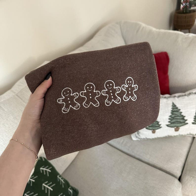 Embroidered Gingerbread Christmas Sweater Gift Holiday Cozy Fleece Brown Crewneck XMASS06