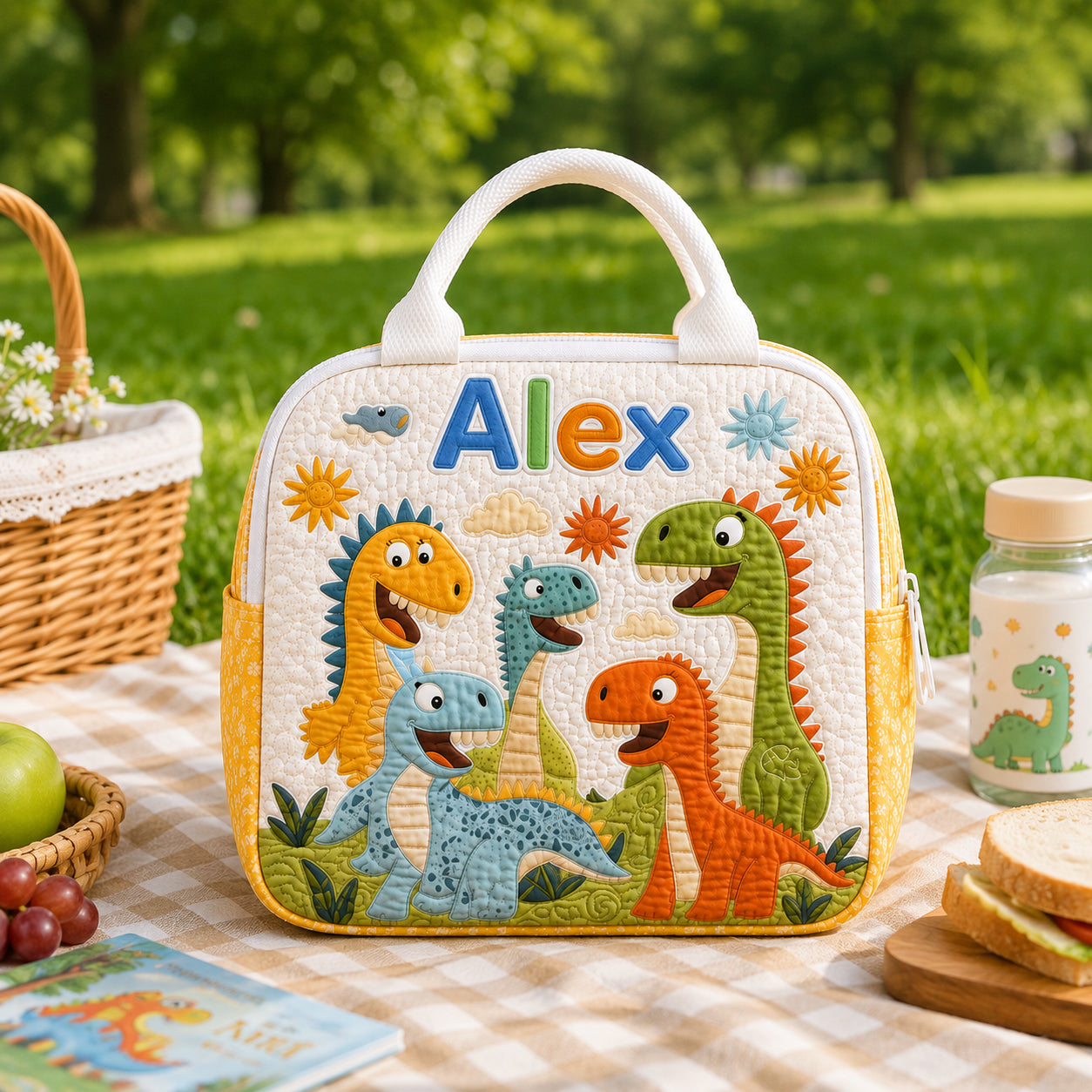 Dinosaur Quilted Lunch Bag, Insulated Quilted Lunch Tote, Dinosaur Lunch Bag, Custom Kid Lunch Bag, Back To School Bag, Picnic Bag, Reusable Lunch Tote QLB10