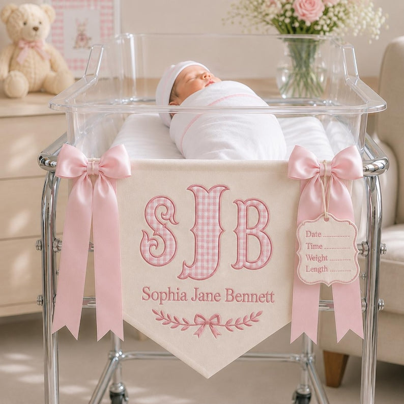 Personalized Embroidered Baby Name Banner, Custom Hospital Crib Banner with Birth Stats Tag, Newborn Nursery Keepsake, Monogram Hospital Door Hanger, Baby Shower Gift BBFLAG10