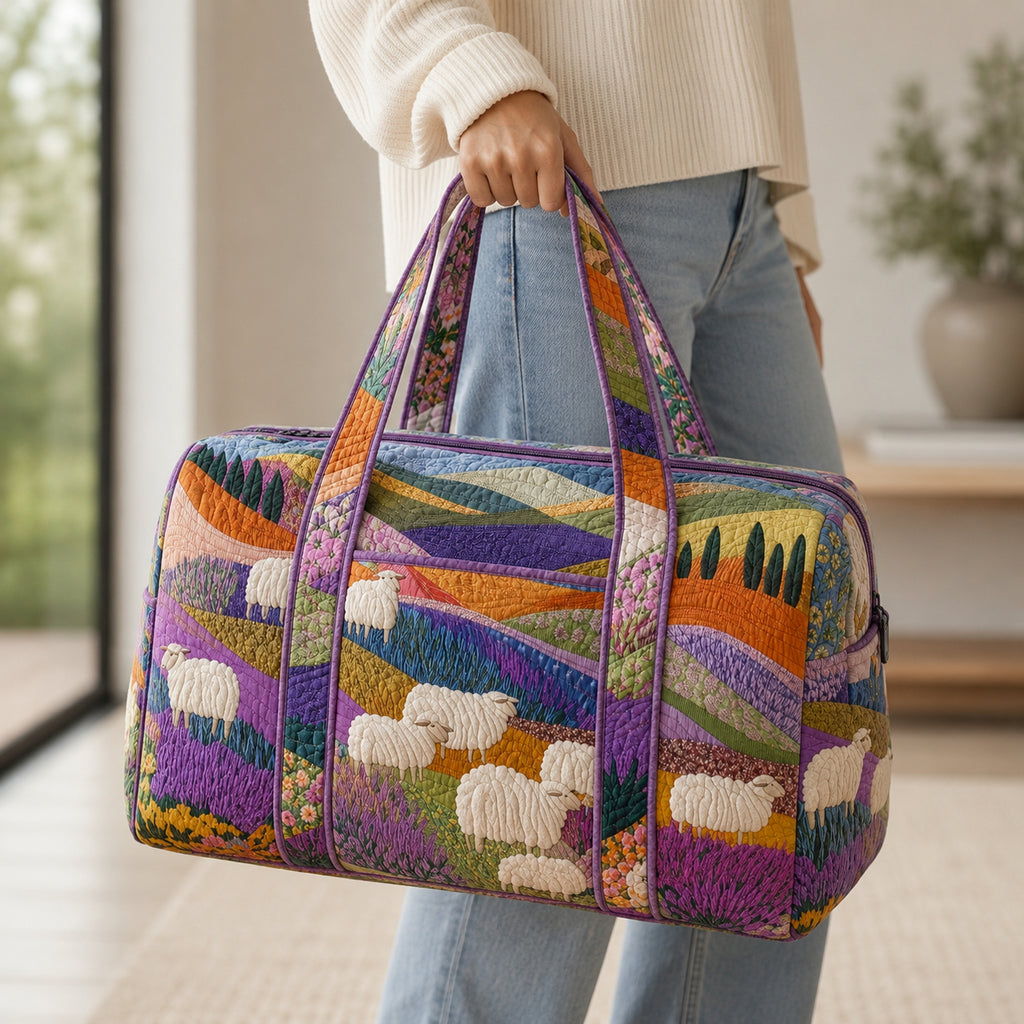 Colorful Sheep Meadow Quilted Duffle Bag, Countryside Landscape Duffle Bag, Overnight Bag, Quilted Travel Bag, Quilted Weekend Bag, Custom Bag Gift DFB09