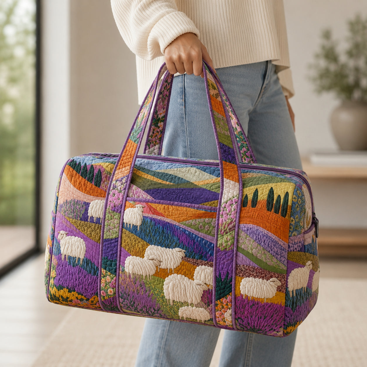 Colorful Sheep Meadow Quilted Duffle Bag, Countryside Landscape Duffle Bag, Overnight Bag, Quilted Travel Bag, Quilted Weekend Bag, Custom Bag Gift DFB09