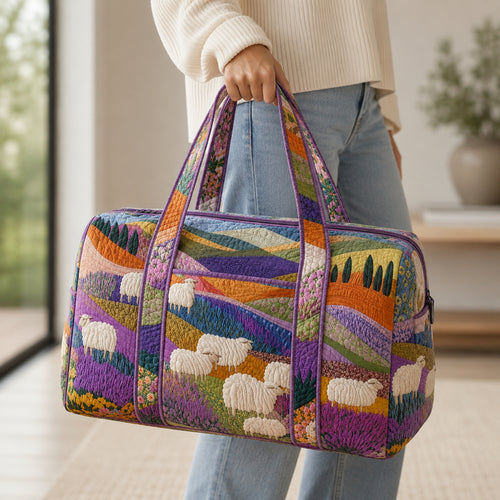 Colorful Sheep Meadow Quilted Duffle Bag, Countryside Landscape Duffle Bag, Overnight Bag, Quilted Travel Bag, Quilted Weekend Bag, Custom Bag Gift DFB09