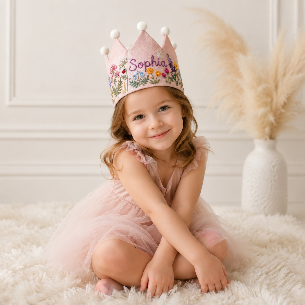 Hand-Embroidered Fairy Flower Linen Birthday Crown, Personalized Floral Name Keepsake, Birthday Crown For Kid, Custom Embroidered Crown EMC09