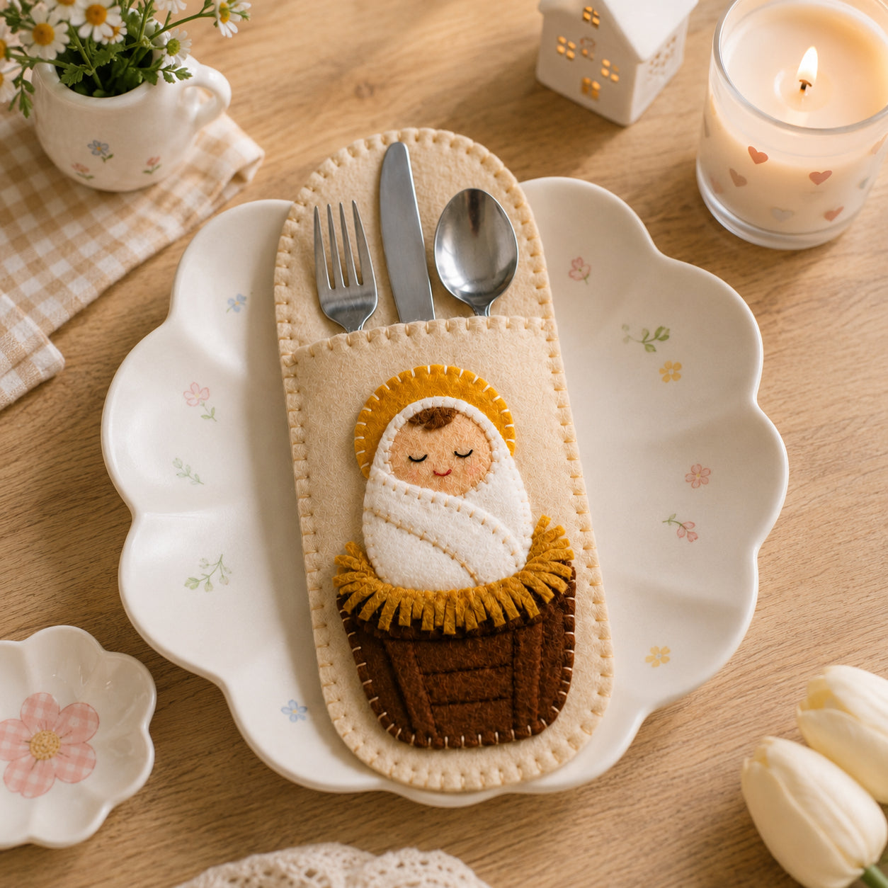 Baby Jesus in Manger Felt Silverware Holder, Christmas Nativity Cutlery Pocket, Christmas Kitchen Decor, Christian Holiday Table Decor FELTCH10