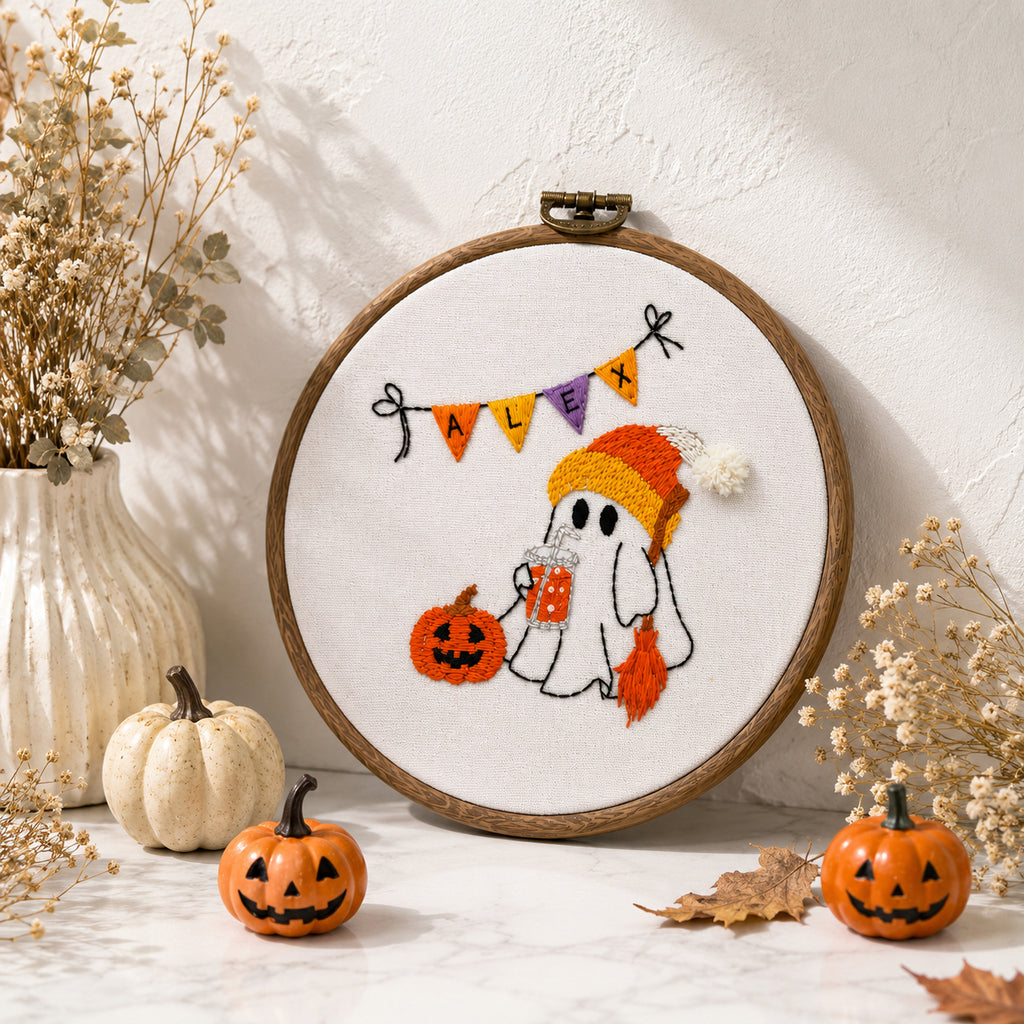 Halloween Boo Pumpkin Hand-Embroidery Hoop, Custom Embroidered Wall Art, Hanging Decor, Handmade Gift HOOP11