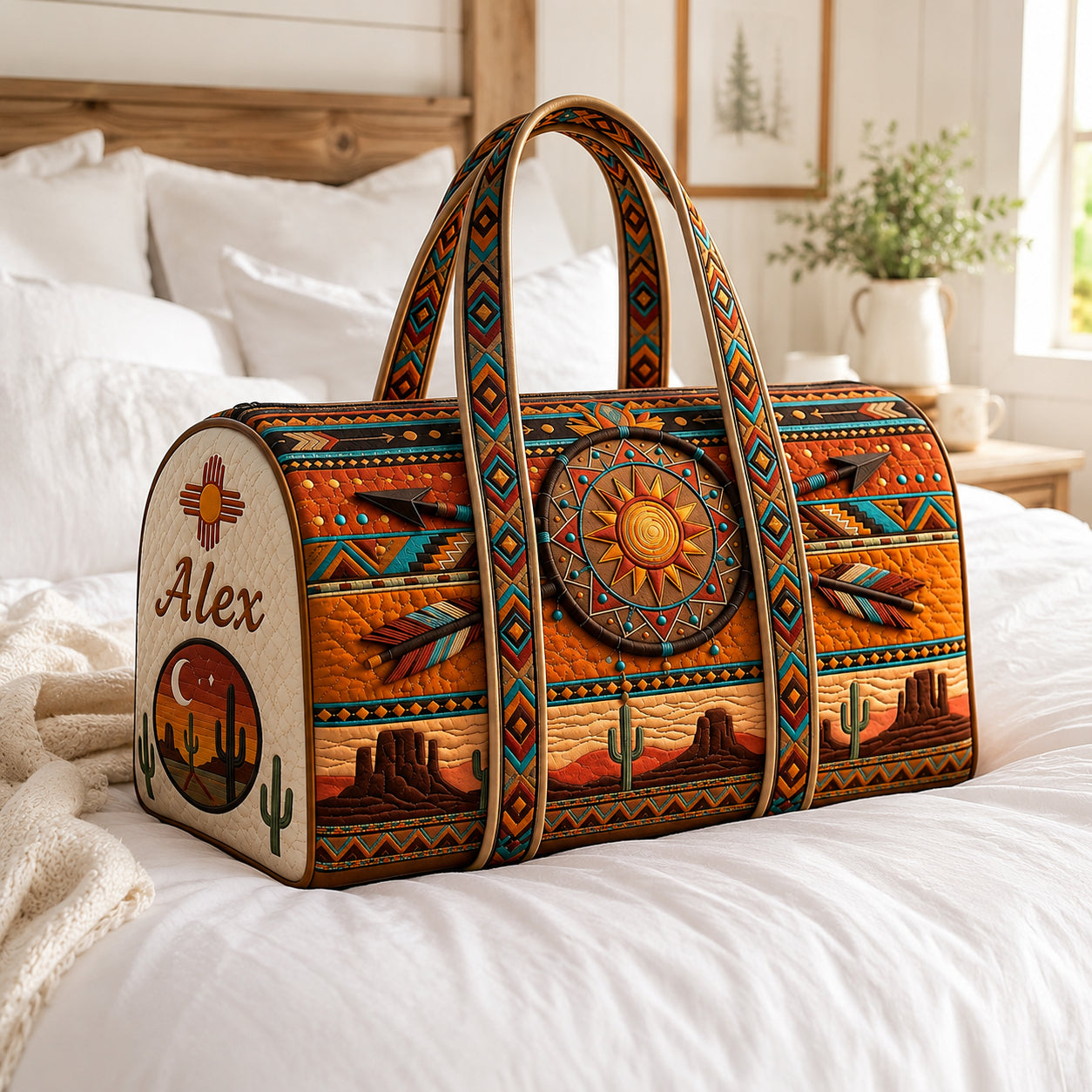 Personalized Southwestern Quilted Duffle Bag, Boho Desert Travel Bag with Name, Western Weekender Bag, Adventure Gift DFB32
