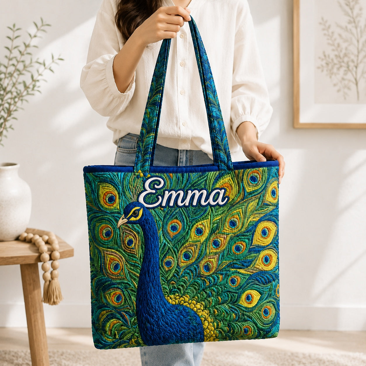 Peacock Quilted Tote Bag, Bird Shoulder Bag, Peacock Pattern Art Tote, Fabric Tote Bag, Gift Bag QTOTE34