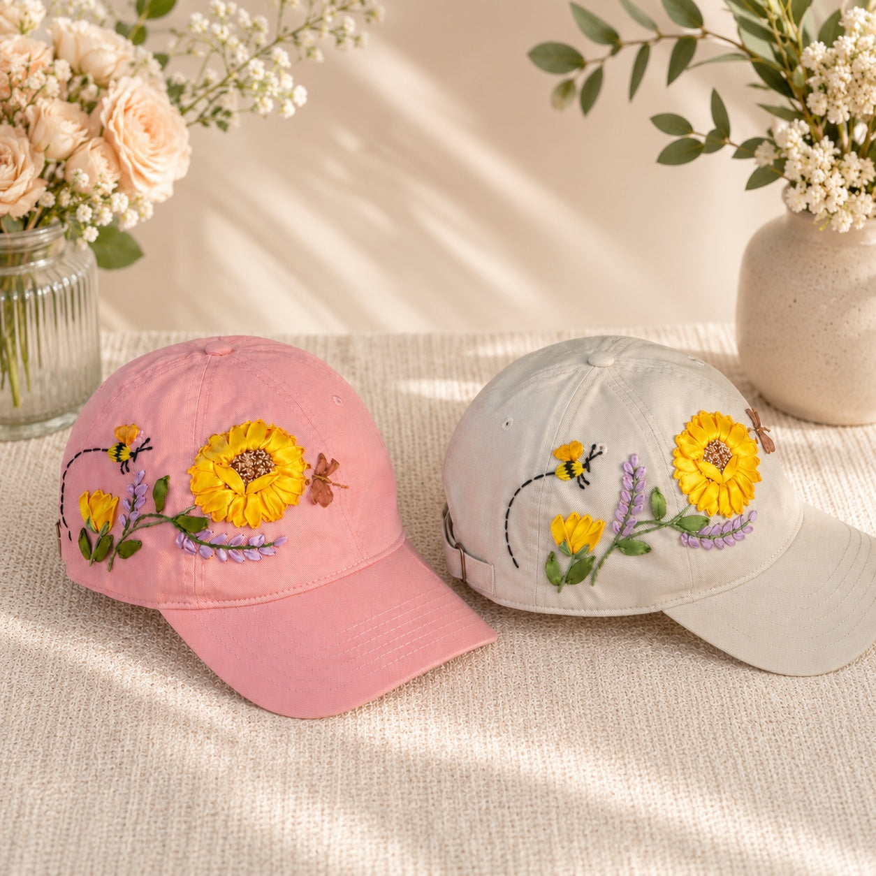 Custom Sunflower Hand-Embroidered Baseball Cap, Embroidered Cap, Hand Embroidered Cap, Custom Hat Embroidery, Family Hat EMSH09