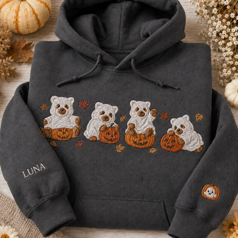 Embroidered Halloween Ghost Bear Shirt, Cute Ghost Embroidery Shirt, Trick Or Treat Shirt, Fall Lover Gift, Fall Quotes Shirt HLNS10