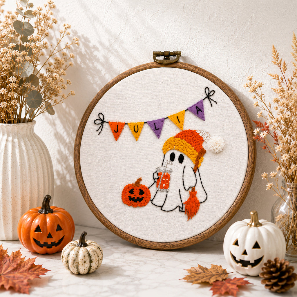 Halloween Boo Pumpkin Hand-Embroidery Hoop, Custom Embroidered Wall Art, Hanging Decor, Handmade Gift HOOP11