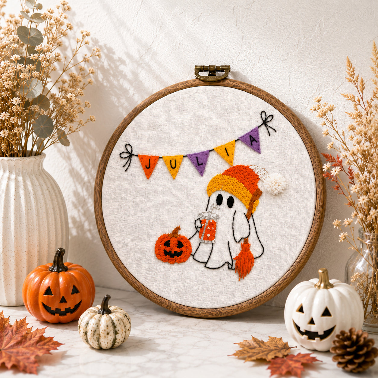 Halloween Boo Pumpkin Hand-Embroidery Hoop, Custom Embroidered Wall Art, Hanging Decor, Handmade Gift HOOP11