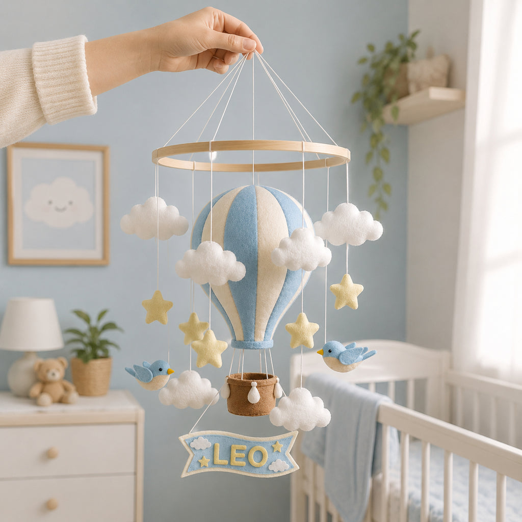 Personalized blue Hot Air Balloon Felt Baby Mobile, Handmade Nursery Crib Mobile, Pastel Balloon and Cloud Baby Room Decor BBMB10