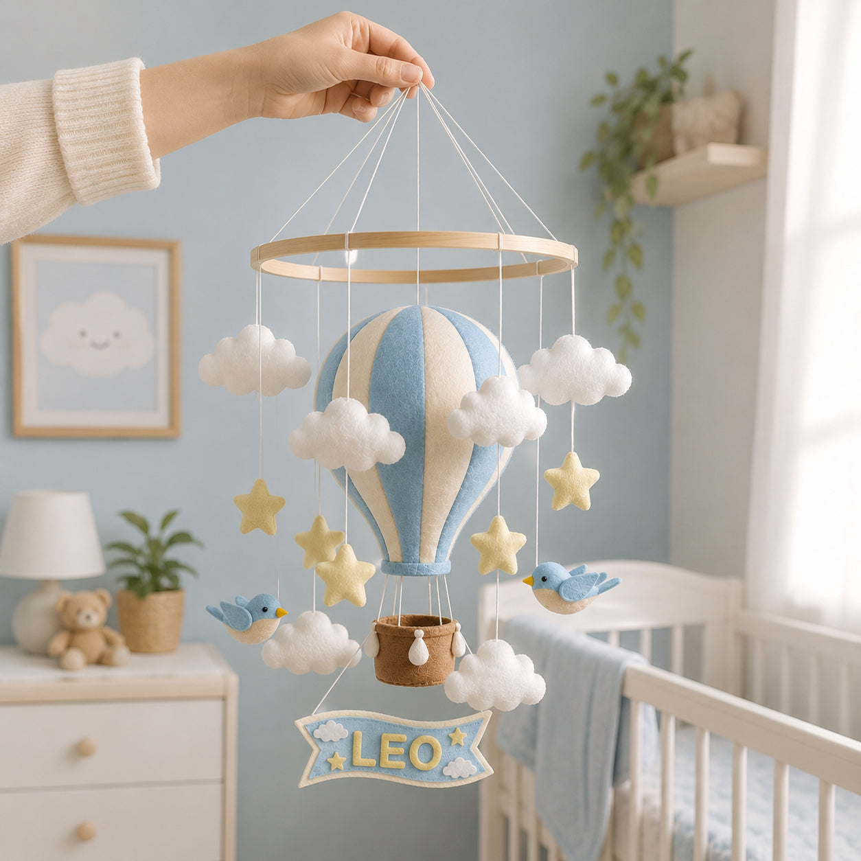 Personalized blue Hot Air Balloon Felt Baby Mobile, Handmade Nursery Crib Mobile, Pastel Balloon and Cloud Baby Room Decor BBMB10
