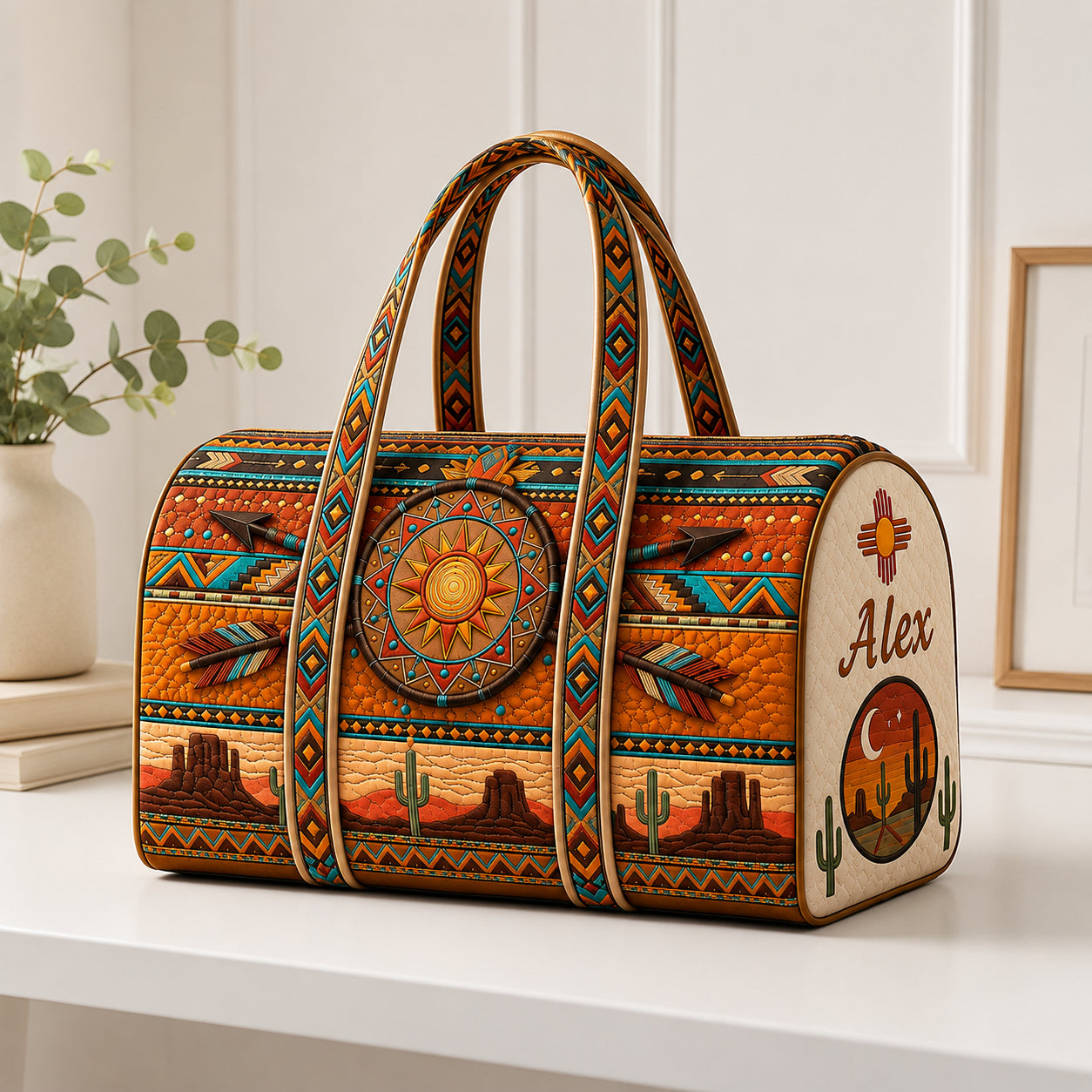 Personalized Southwestern Quilted Duffle Bag, Boho Desert Travel Bag with Name, Western Weekender Bag, Adventure Gift DFB32
