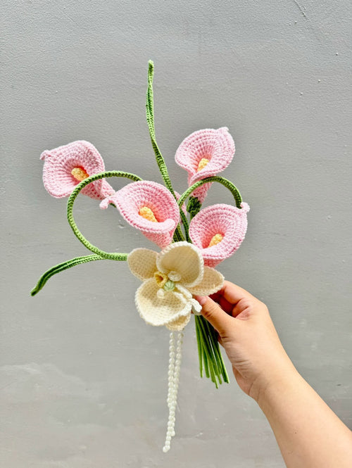 Burgundy Orchid and White Calla Lily Crochet Wedding Bouquet, Handmade Bridal Flowers, Elegant Keepsake Gift WEDDINGF11