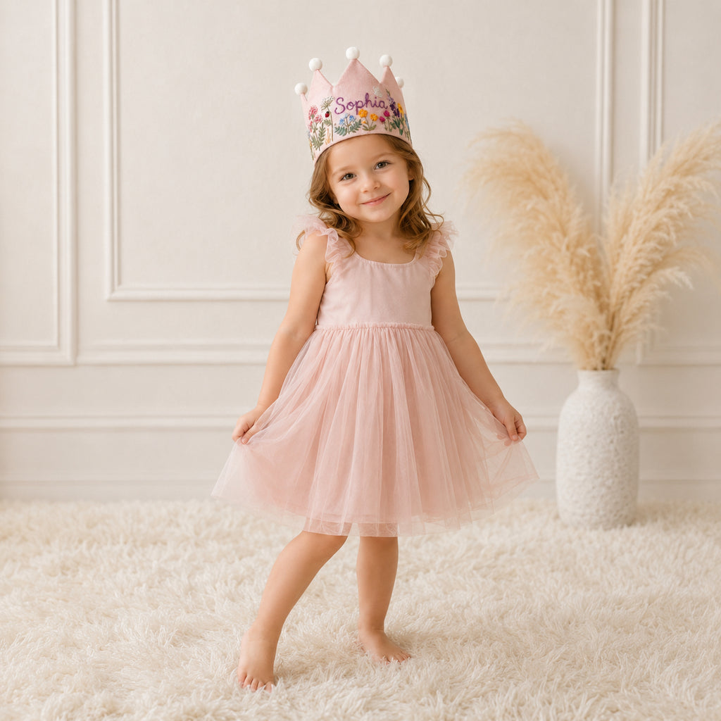 Hand-Embroidered Fairy Flower Linen Birthday Crown, Personalized Floral Name Keepsake, Birthday Crown For Kid, Custom Embroidered Crown EMC09