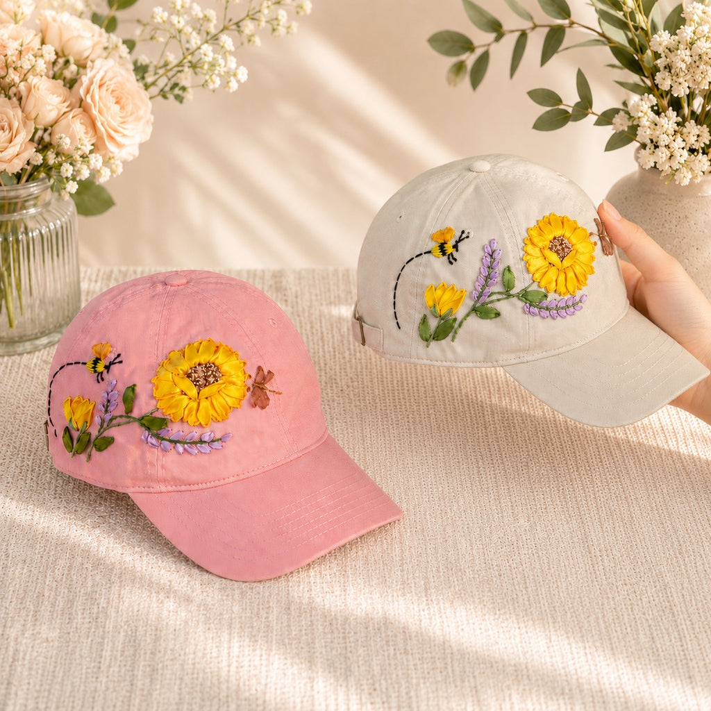 Custom Sunflower Hand-Embroidered Baseball Cap, Embroidered Cap, Hand Embroidered Cap, Custom Hat Embroidery, Family Hat EMSH09