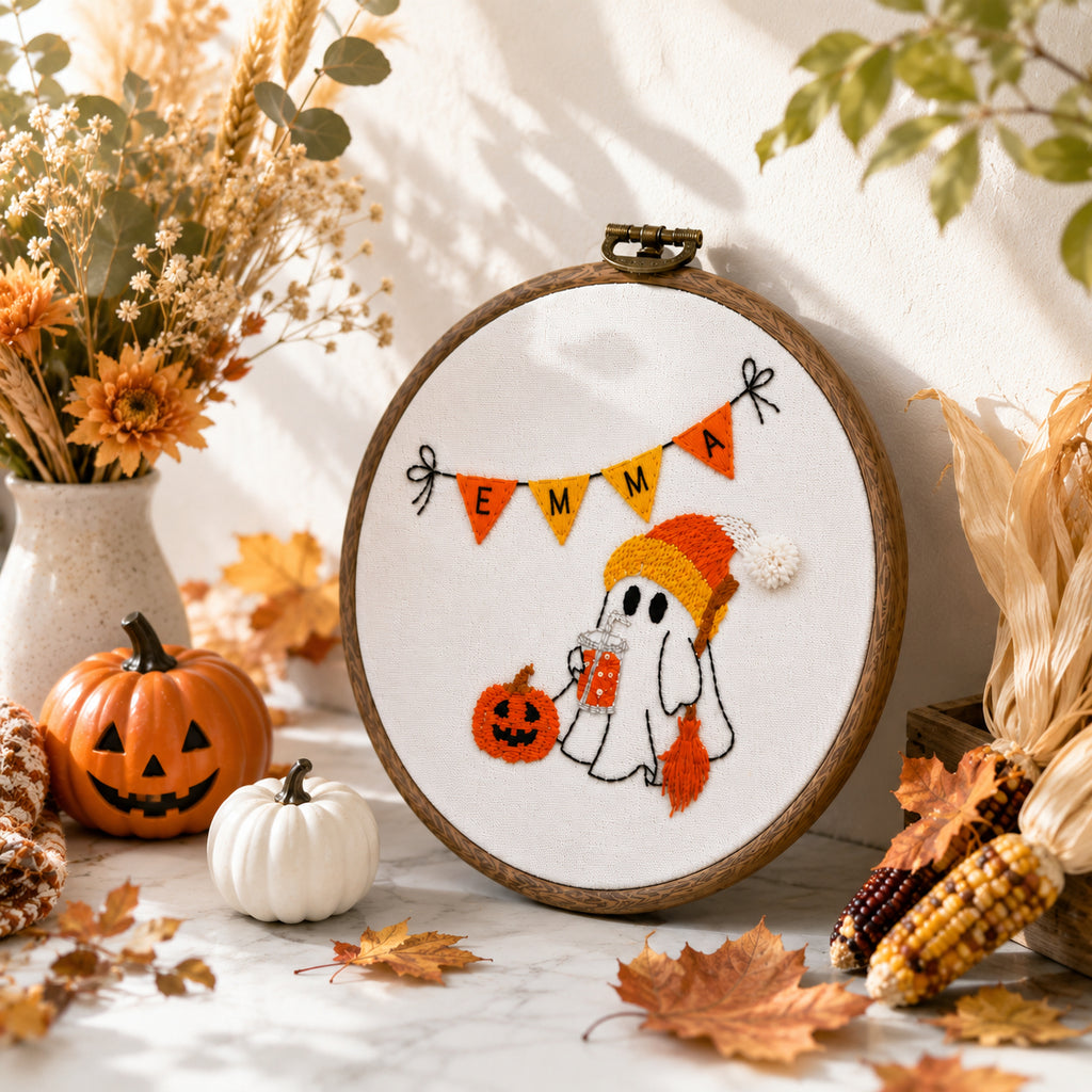 Halloween Boo Pumpkin Hand-Embroidery Hoop, Custom Embroidered Wall Art, Hanging Decor, Handmade Gift HOOP11