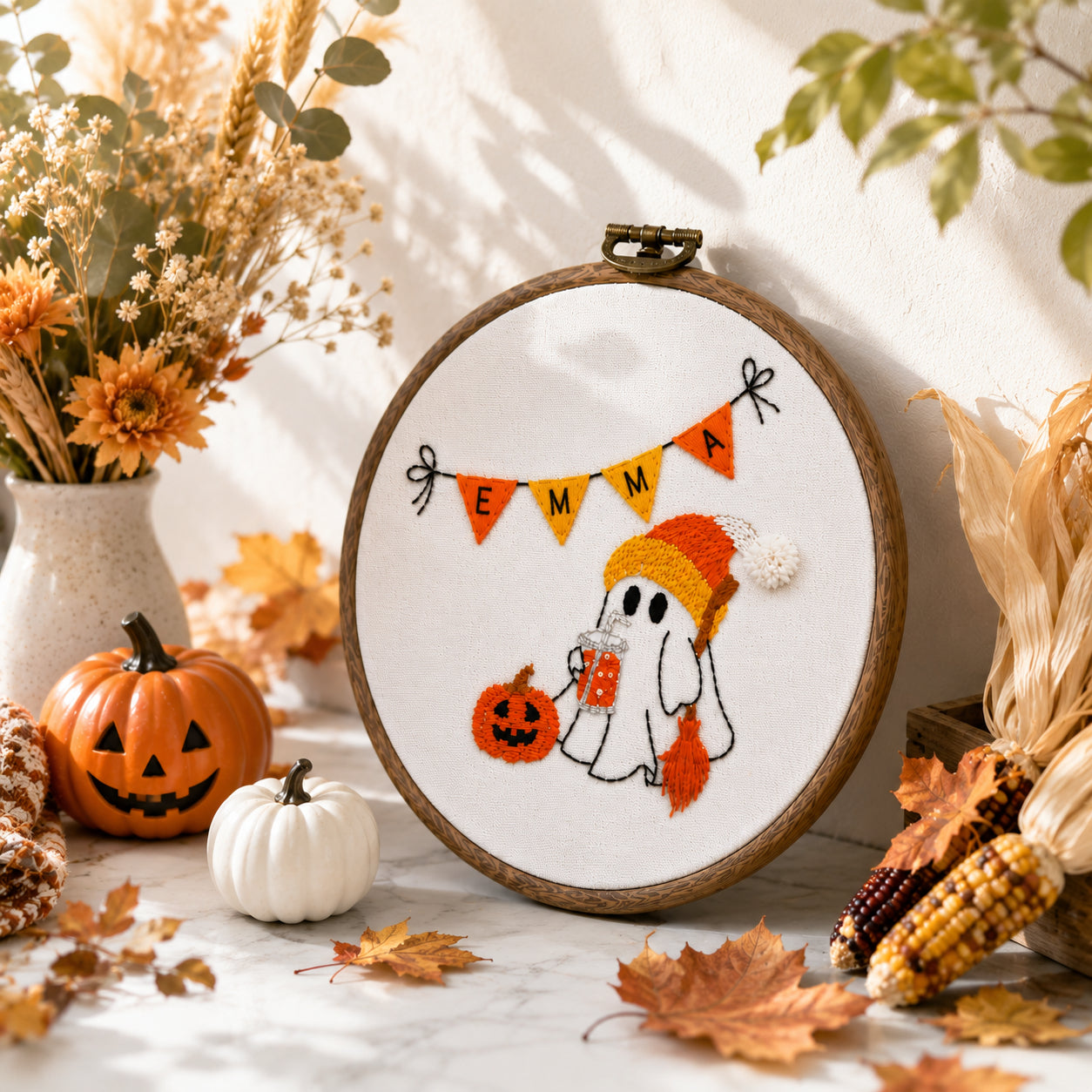 Halloween Boo Pumpkin Hand-Embroidery Hoop, Custom Embroidered Wall Art, Hanging Decor, Handmade Gift HOOP11