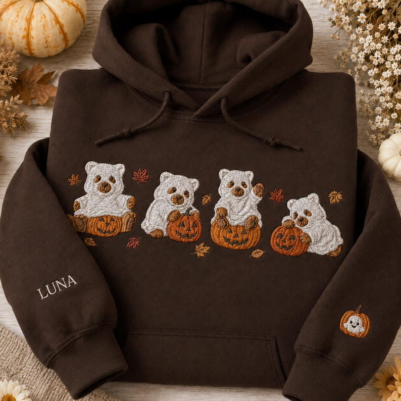 Embroidered Halloween Ghost Bear Shirt, Cute Ghost Embroidery Shirt, Trick Or Treat Shirt, Fall Lover Gift, Fall Quotes Shirt HLNS10