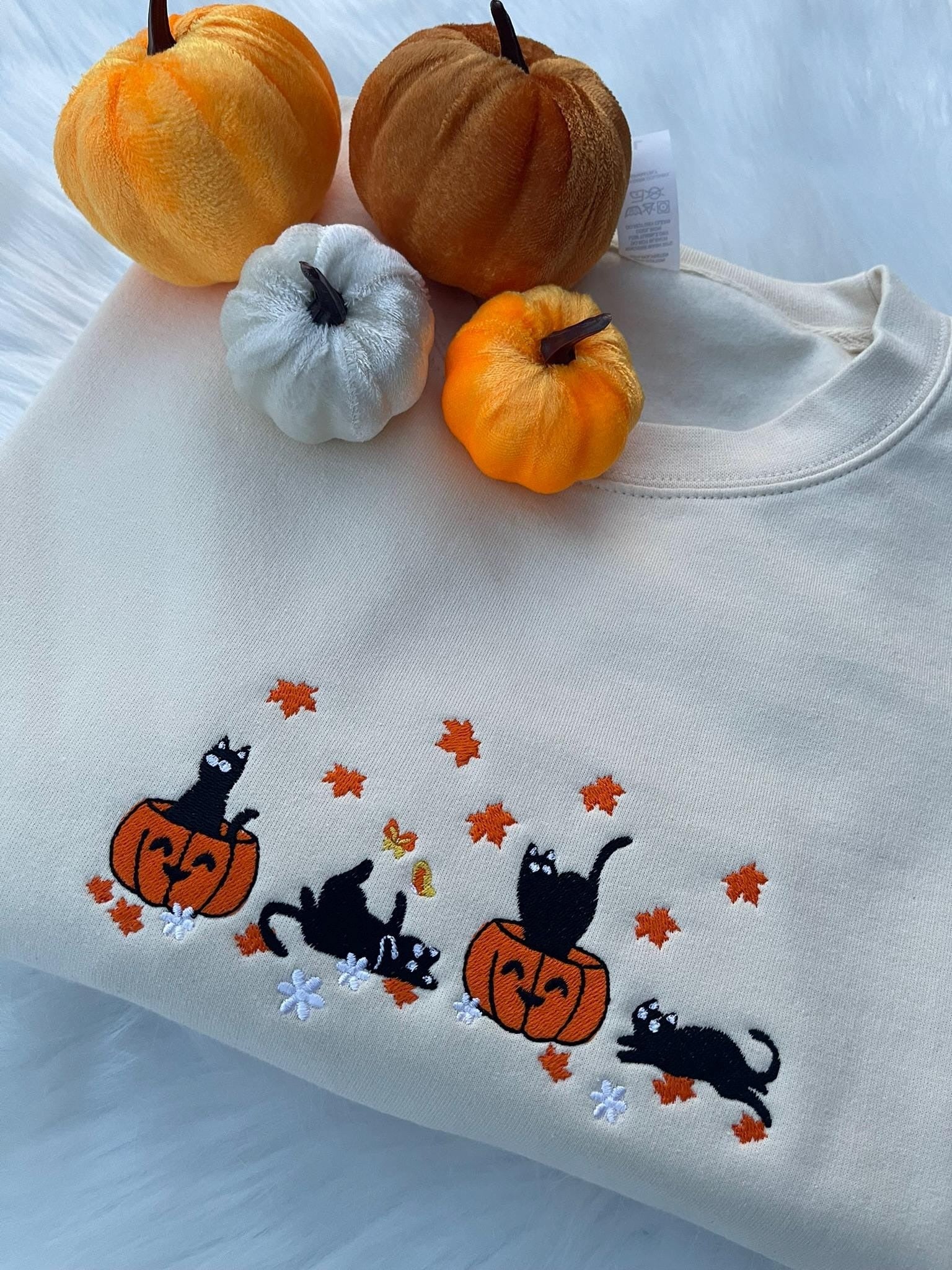 Halloween Black Cat Embroidery Sweatshirt, Pumpkin Fall Sweater, Halloween Crewneck, Cute Autumn Spooky Season, Bat Tee Top, Cat Lover Gift