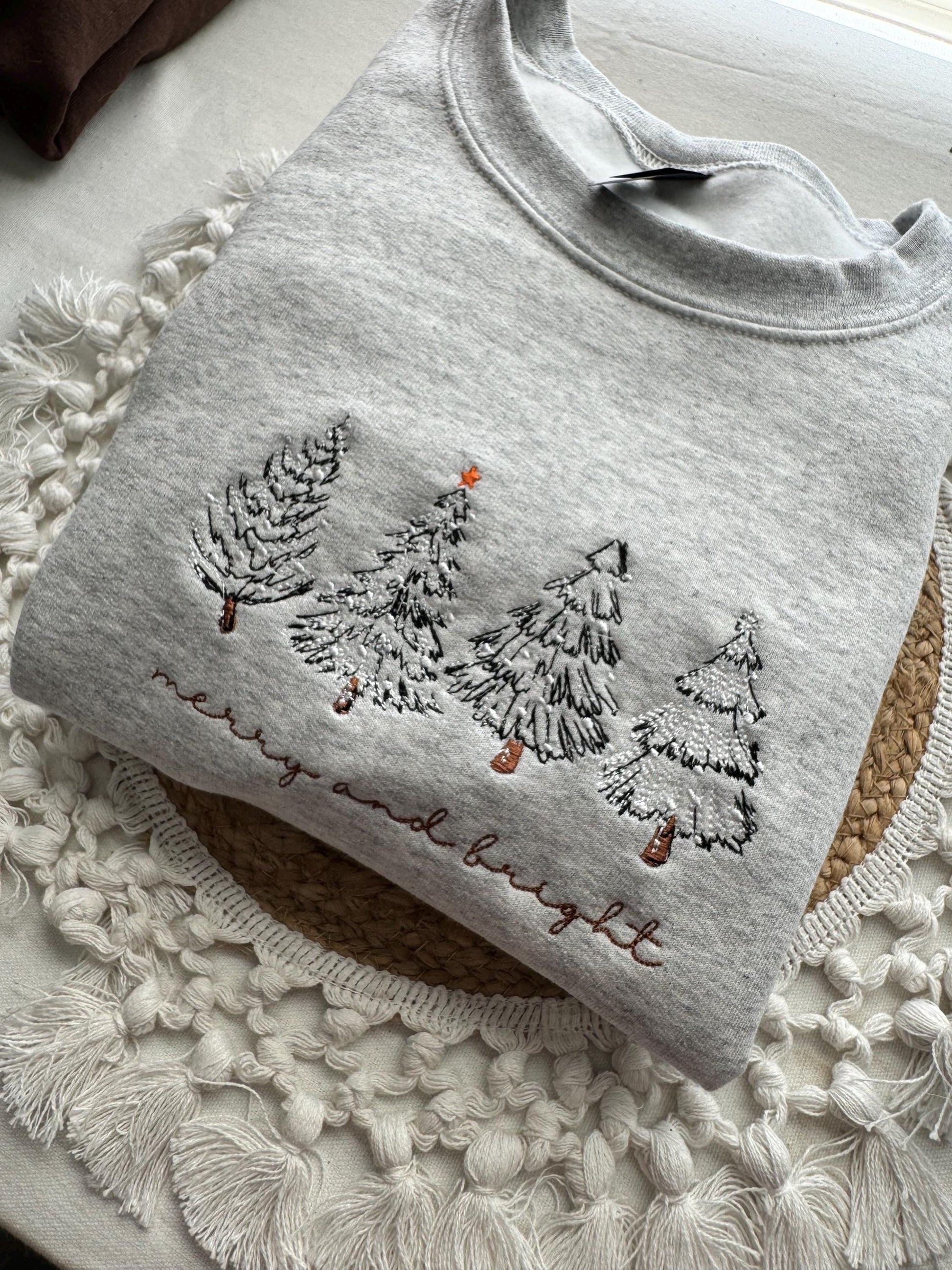 Merry and Bright Embroidered Sweatshirt, Minimal Christmas Tree Sweater, Cozy Holiday Crewneck, Winter Outfit, Xmas Gift