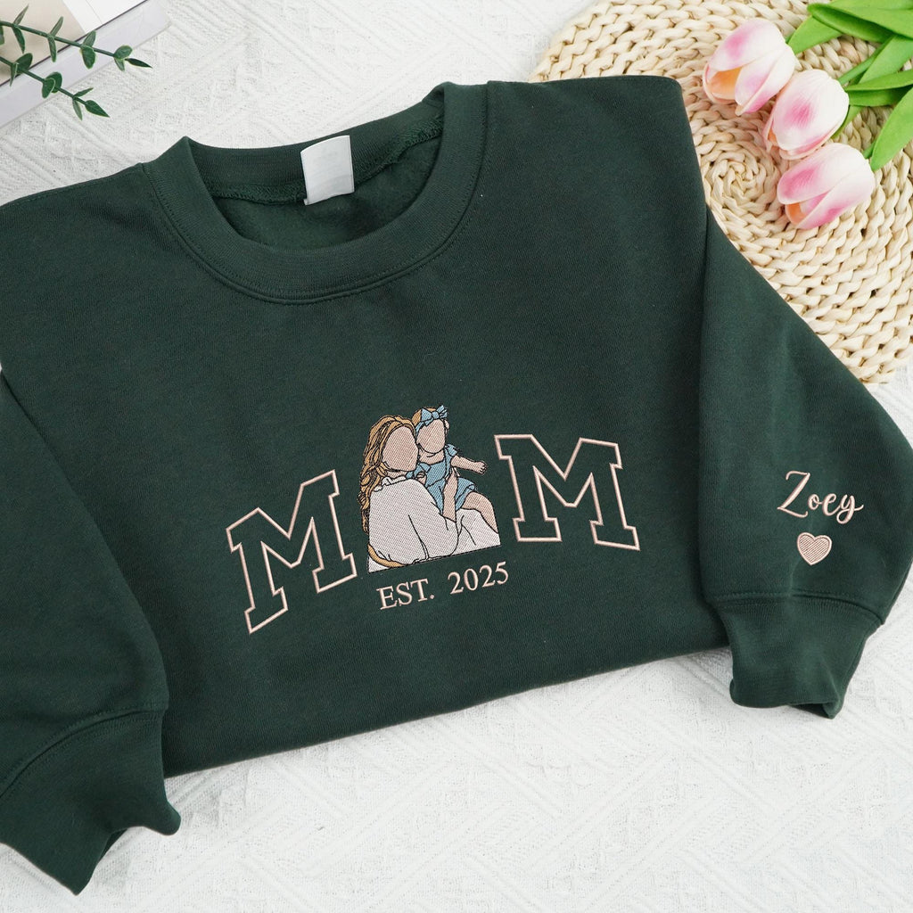Embroidered Mama Sweatshirt with Photo, Mother's Day Gifts, Varsity Shirts, Custom Embroidered Hoodie Mama and Kids Portrait, New Mom Gift