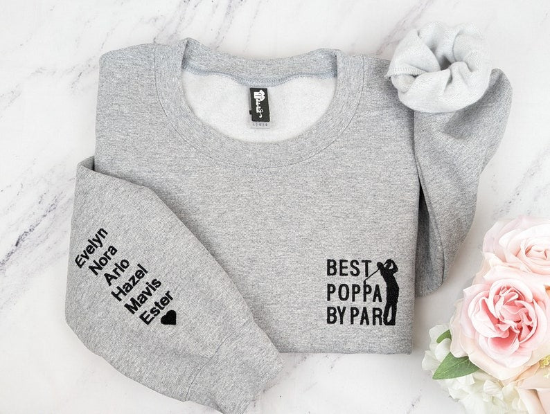 Best Grandpa by Par Embroidered Sweatshirt, Personalized Golf Grandpa Crewneck, Grandkids Name Gift, Golf Lover Pullover
