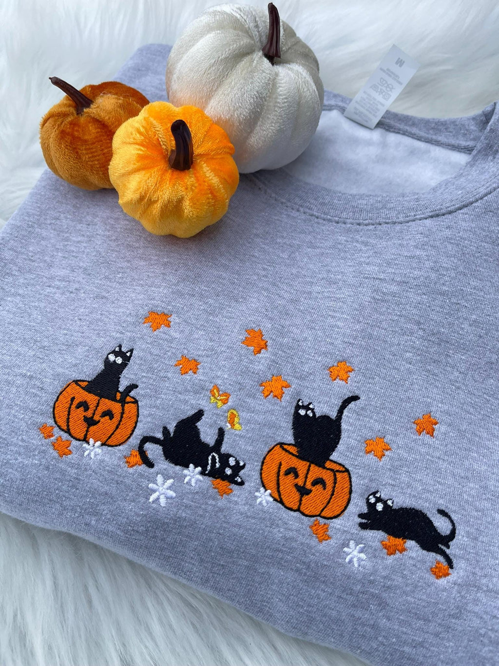 Halloween Black Cat Embroidery Sweatshirt, Pumpkin Fall Sweater, Halloween Crewneck, Cute Autumn Spooky Season, Bat Tee Top, Cat Lover Gift