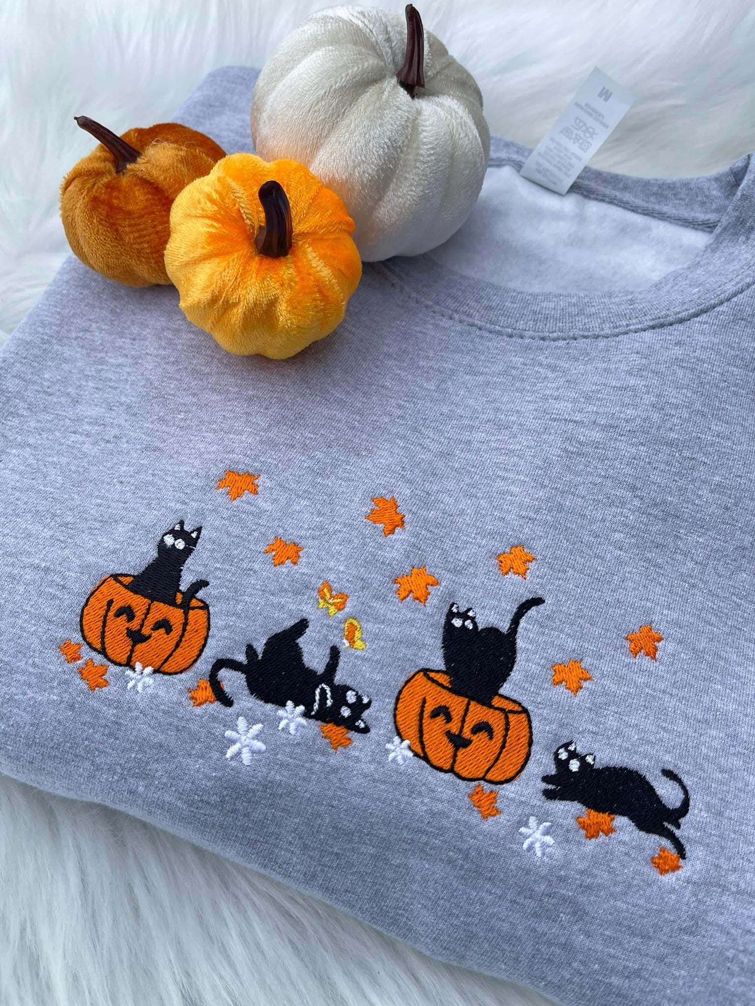 Halloween Black Cat Embroidery Sweatshirt, Pumpkin Fall Sweater, Halloween Crewneck, Cute Autumn Spooky Season, Bat Tee Top, Cat Lover Gift