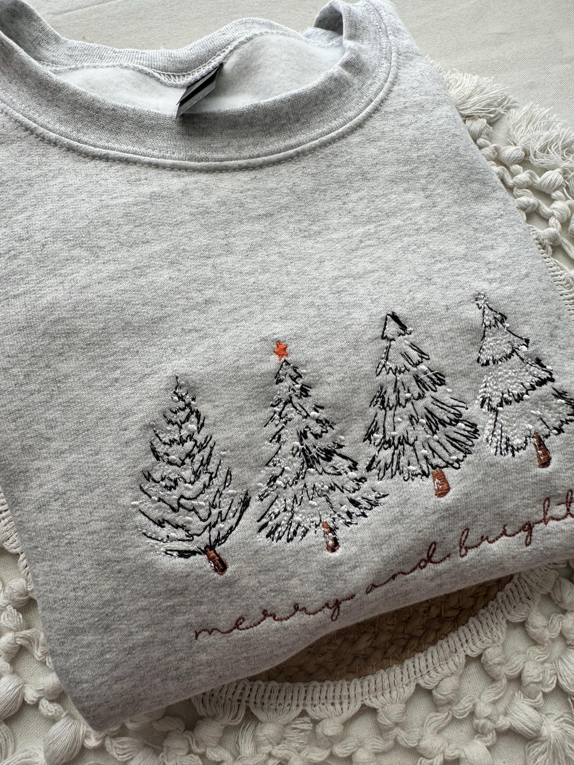 Merry and Bright Embroidered Sweatshirt, Minimal Christmas Tree Sweater, Cozy Holiday Crewneck, Winter Outfit, Xmas Gift