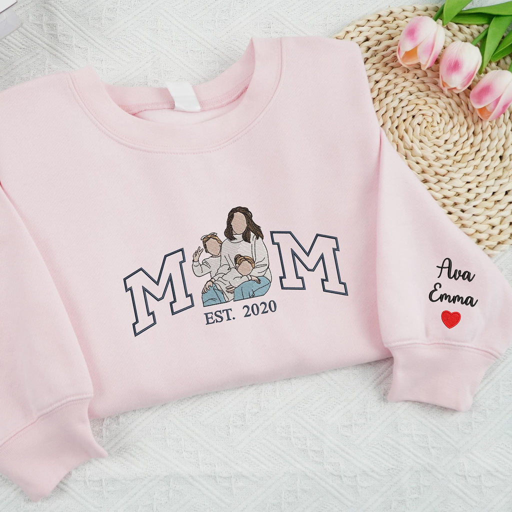Embroidered Mama Sweatshirt with Photo, Mother's Day Gifts, Varsity Shirts, Custom Embroidered Hoodie Mama and Kids Portrait, New Mom Gift