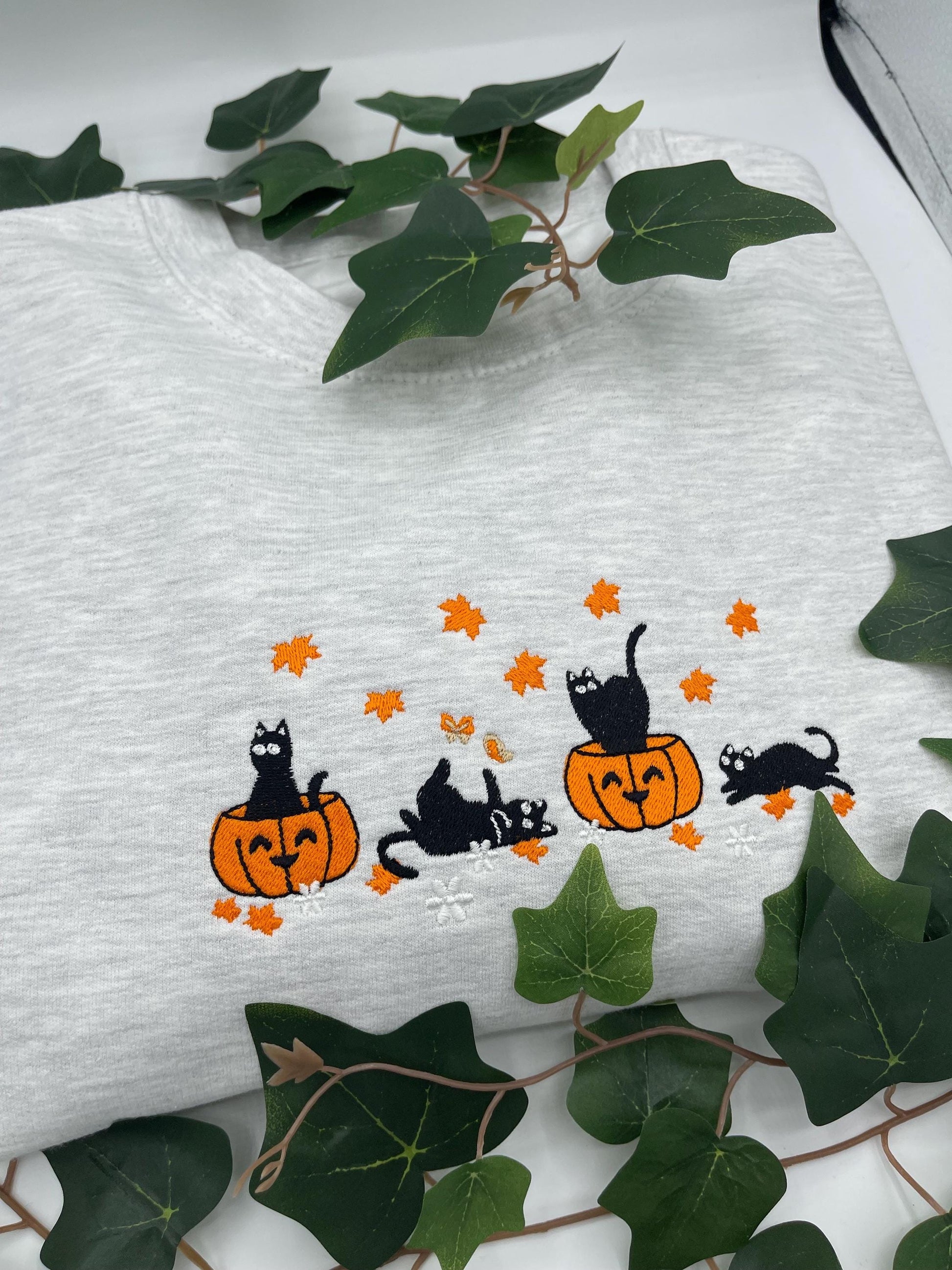 Halloween Black Cat Embroidery Sweatshirt, Pumpkin Fall Sweater, Halloween Crewneck, Cute Autumn Spooky Season, Bat Tee Top, Cat Lover Gift