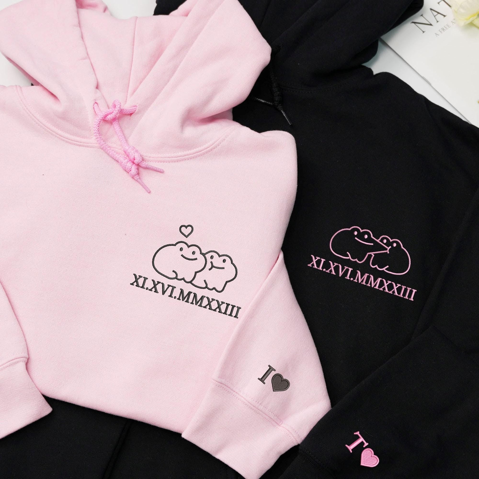 Custom Frog Couple Embroidered Hoodie with Roman Date & Initials, Matching Hoodies For Couple, 1st Anniversary Gift for Couples