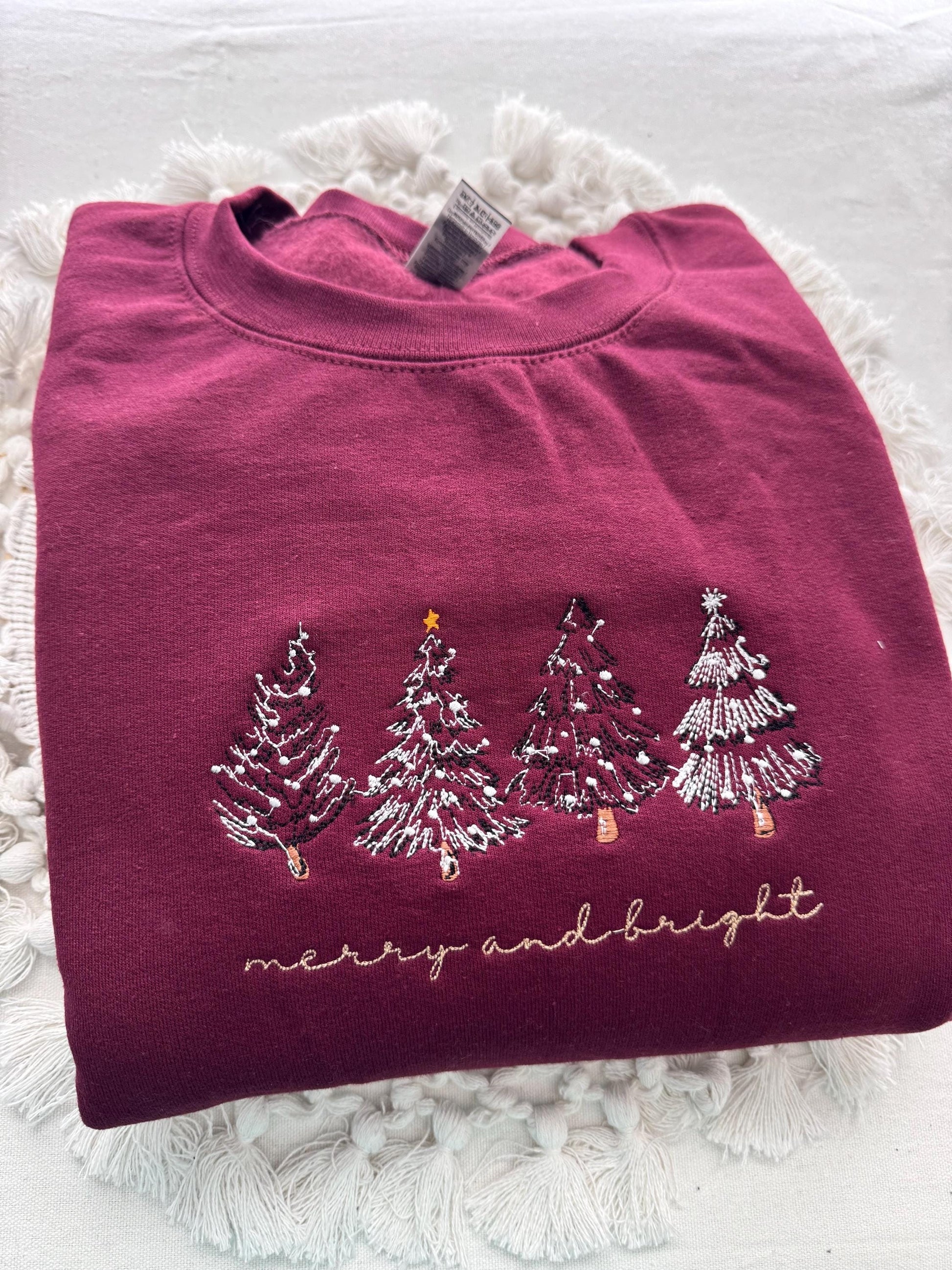 Merry and Bright Embroidered Sweatshirt, Minimal Christmas Tree Sweater, Cozy Holiday Crewneck, Winter Outfit, Xmas Gift