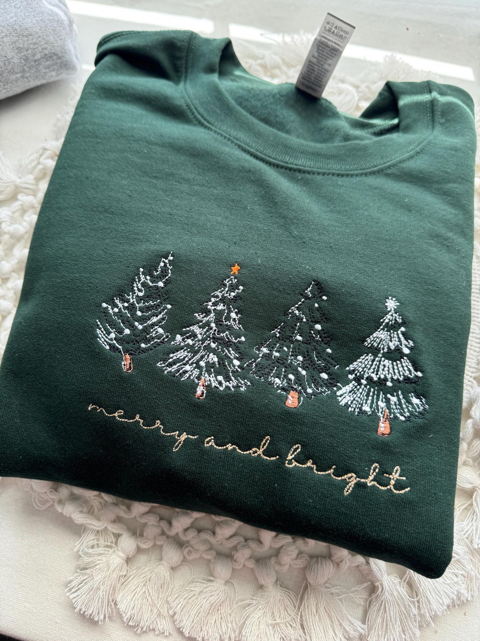 Merry and Bright Embroidered Sweatshirt, Minimal Christmas Tree Sweater, Cozy Holiday Crewneck, Winter Outfit, Xmas Gift