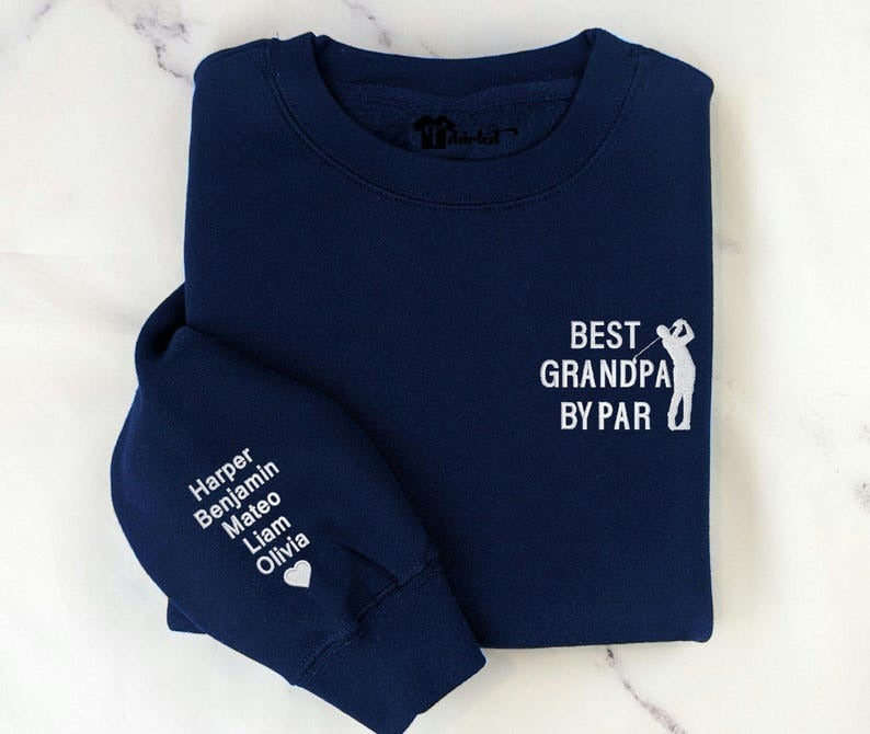 Best Grandpa by Par Embroidered Sweatshirt, Personalized Golf Grandpa Crewneck, Grandkids Name Gift, Golf Lover Pullover