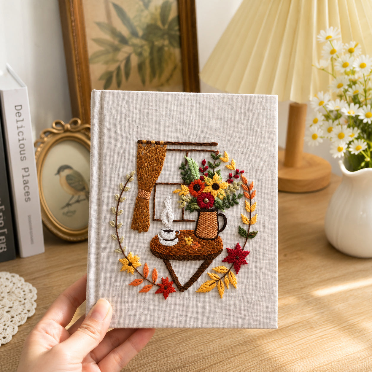 Hand Embroidered Autumn Notebook, Custom Fall Pattern Journal Notebook, Personalized Floral Notebook With Name, Linen Fabric Hard Cover Notebook, Special Custom Handmade Gift and Keepsakes ENB06